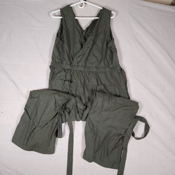 Kuhl Jumpsuit Womens XL Linen Blend V Neck Tie Waist Sleeveless Olive Green - Picture 1 of 16